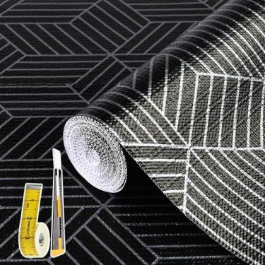 Imagem de Forros de prateleira para armários de cozinha 43,9 cm x 20 m, forro de armário não adesivo forte antiderrapante preto e prata geométrico, fácil de limpar para armário com faca e fita métrica