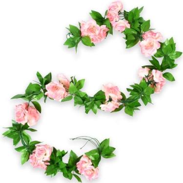 Imagem de Bairdish 4 peças de flores artificiais de videiras rosas artificiais com folhas verdes, plantas florais falsas penduradas para decoração de casa, quarto, jardim, Natal, aniversário, casamento, festa