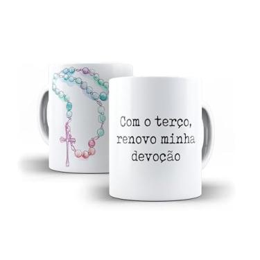 Imagem de Caneca Religiosa Católica, Cerâmica Branca Brilhante, 325ml, Design de Terço Em Aquarela, Cilíndrica, Para Bebidas Quentes, Reutilizável, Própria Para Lava-Louças (13476)