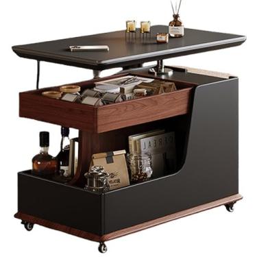 Imagem de ELQ Mesa de centro de madeira maciça com gaveta de armazenamento e prateleira aberta, altura ajustável com mesa giratória de 360°, multifuncional (preto)