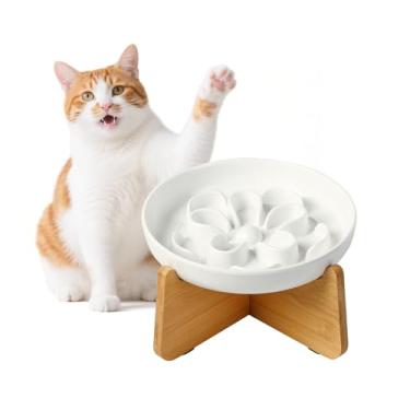 Imagem de Tigela de alimentação lenta elevada para gatos - Prato de melamina para gatos com suporte de bambu antiderrapante - Tigela de alimentação adequada para bigodes - Prato de comida de labirinto floral