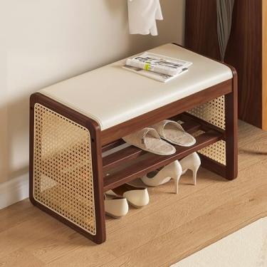 Imagem de Banco de sapatos com almofada, banco de sapateira de fazenda de madeira, banco de armazenamento de entrada, organizador de sapatos banco de extremidade da cama, para corredor de mudroom sala de estar
