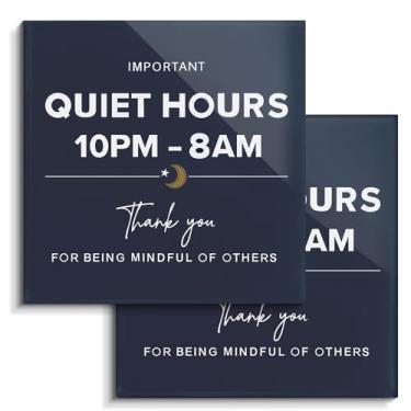 Imagem de Placa magnética Quiet Hours, pacote com 2, 15 x 15 cm, lembrete de ruído 22h às 8h para aluguel de férias, apartamento, dormitório, escritório, placa de parede com fitas adesivas, azul meia-noite