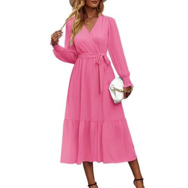 Imagem de Vestido PRETTYGARDEN Floral Boho Transpassado Decote V Manga Longa Ros