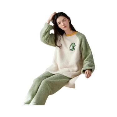 Imagem de Pijamas Femininos De Flanela Grossa E Quente, Conjunto De Loungewear D