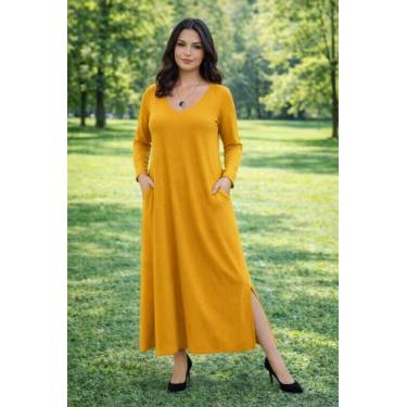 Imagem de Vestido Gola V Manga Longa com Bolso - modanascimento, Mostarda, G