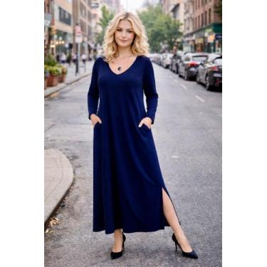 Imagem de Vestido Gola V Manga Longa com Bolso - modanascimento, Azul marinho, P