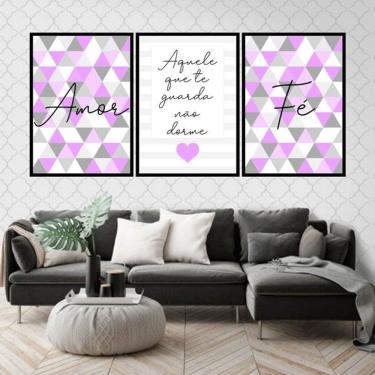 Imagem de Kit 3 Quadros Decorativos Fé Amor Geométrico Triângulos