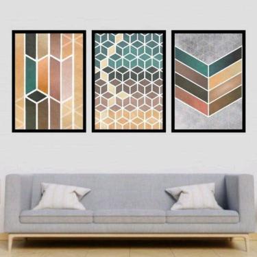 Imagem de Kit 3 Quadros Decorativos Geométrico Cubos Coloridos
