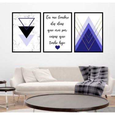 Imagem de Kit 3 Quadros Decorativos Geométrico Eu Me Lembro Azul