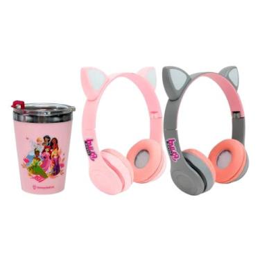 Imagem de COMP Copo Viagem 300ml Princesas + Cat Fone Bluetooth Dobrável c/ Micr