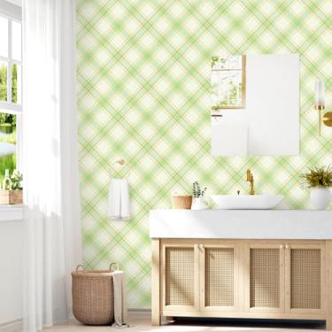 Imagem de Wallderful Papel de parede xadrez búfalo verde creme boho xadrez papel de parede autoadesivo natureza guingão papel de contato para bancadas quarto destaque parede banheiro vinil envoltório 44,5 cm x