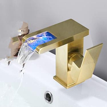 Imagem de Torneira de lavatório de led preto de luxo alto e curto torneira de banheiro com alça única de fluxo de água fria e quente, ouro escovado curto, china