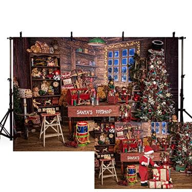 Imagem de MEHOFOND 3 x 2 m de Natal Papai Noel Toy Shop Pano de fundo Fotografia para Vintage Casa de Madeira Rústica Noite de Neve Casa de campo Presente Decoração de Árvore de Natal Crianças Interior Retrato Fotográfico Estúdio Fotográfico Adereços para cabine de fotos