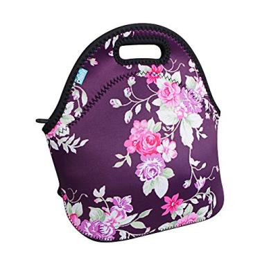 Imagem de Lancheira, lancheiras OFEILY lancheiras lancheiras com material de neoprene fino à prova d'água lancheira saco de almoço mãe (flor e roxo)