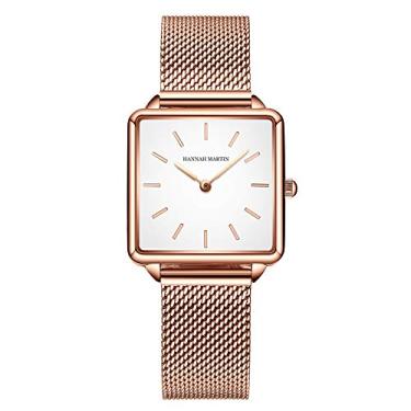 Imagem de Relógios de pulso femininos de quartzo com mostrador quadrado, casual, negócios, pulseira de malha de aço inoxidável, ouro rosa/prata, Ouro rosa, Relógios de Quartzo