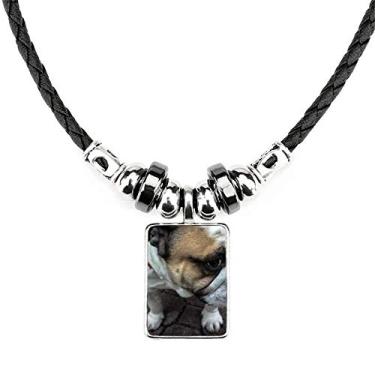 Imagem de DIYthinker Colar de fotos de animais de estimação Bulldog com pingente de corda de couro