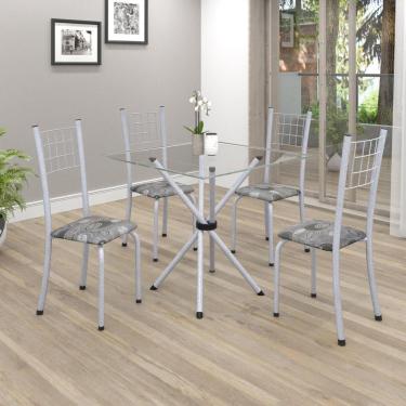 Imagem de Conjunto de Mesa Tubular 70x70cm Tampo em Vidro com 4 Cadeiras Dany Soma Móveis Paraopeba/Martelado Perola/Incolor