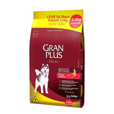 Imagem de Ração Gran Plus Menu Cães Adultos Porte Médio e Grande Carne e Arroz Leve 16,5kg e Pague 15kg
