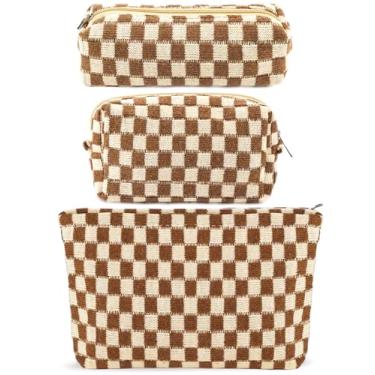Imagem de ZLFSRQ 3Pcs Checkered Makeup Bag for Women Girls Large Medium Small Brown Cosmetic Bag Set Big Travel Makeup Pouch Portable Zipper Toiletry Organizer Cute Aesthetic Trendy Makeup Brushes Storage Bag