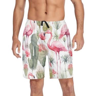 Imagem de CHIFIGNO Calças de pijama para homens, shorts de pijama para dormir, calças de pijama com bolsos e cordão, Flores de flamingos rosa cacto verde, G