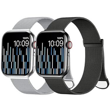 Imagem de Pacote com 2 pulseiras magnéticas de metal compatíveis com Apple Watch de 40 mm, 38 mm, 41 mm, pulseira de relógio Apple preta e prata, pulseira de aço inoxidável Milanese Loop para iWatch séries SE 8 7 6 5 4 3 2 1