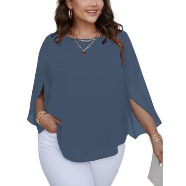 Imagem de SCOMCHIC Blusas plus size para mulheres verão manga morcego chiffon túnica elegante gola canoa casual solta camisas soltas, Azul-cinza, 4G Plus Size