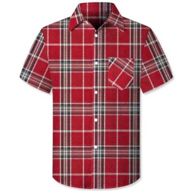 Imagem de Cromoncent Camisa masculina casual de verão com botões xadrez buffalo, manga curta, Curto vermelho preto, XXG
