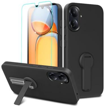 Imagem de Capa Xiaomi Redmi 13C 4G com protetor de tela de vidro, suporte dobrável giratório 360, capa protetora de silicone TPU para Redmi 13C/Poco C65 4G - preta