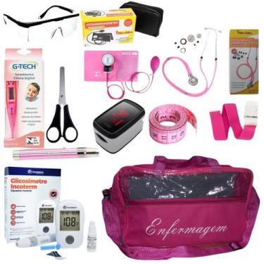 Imagem de Kit de enfermagem com esfigmo esteto medidor de glicose oxímetro e bol