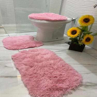 Imagem de kit tapete de benheiro 3 pecas peludindo costa oro, rosa bebe