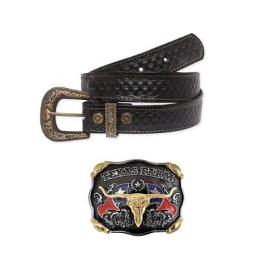 Imagem de Kit Cinto Country Entalhado + Fivela Cowboy Texas Farm - DRC, Preto, 1