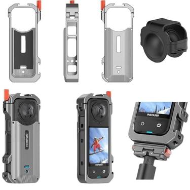 Imagem de Coyktonty Gaiola para Insta360 X4, moldura protetora de liberação rápida de liga de alumínio com capa de proteção de lente, orifício rosqueado 1/4 super expansível com suporte duplo para sapata fria,