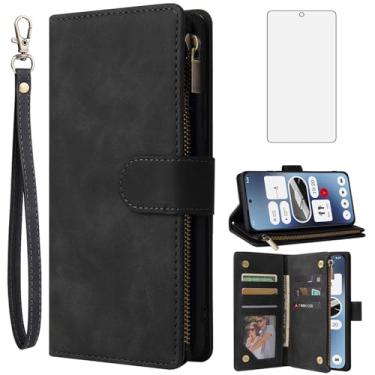 Imagem de Asuwish Compatível com Nothing Phone 2a Capa carteira de vidro temperado e capa flip de couro suporte para cartão acessórios de celular com suporte para duas mulheres e homens, preto