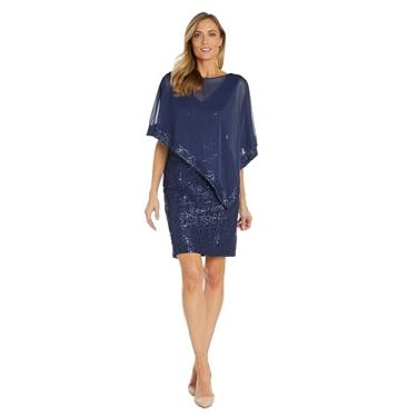 Imagem de R&M Richards Vestido feminino plus size de renda em V com poncho transparente, Azul marino, 46