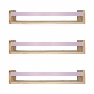Imagem de KIAGA, Kit 3 Prateleiras Porta Livros em Madeira Pinus Natural Com Cerquinha Colorida Cor:Cerquinha Rosa Chá;Tamanho:12x60