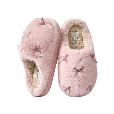 Imagem de Uewidiod Pantufas femininas fofas de pelúcia para casa com nó de borboleta de algodão confortável com fundo grosso para uso ao ar livre para o inverno, rosa, 6.5-7.5 Women/5.5-6 Men
