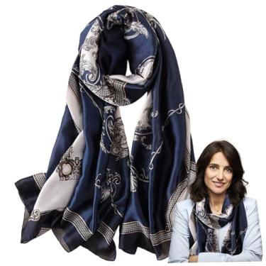 Imagem de Cachecol feminino de seda Mulberry com estampa floral, 89 x 180 cm, envoltório leve para usar no pescoço, xale, Azul, standard