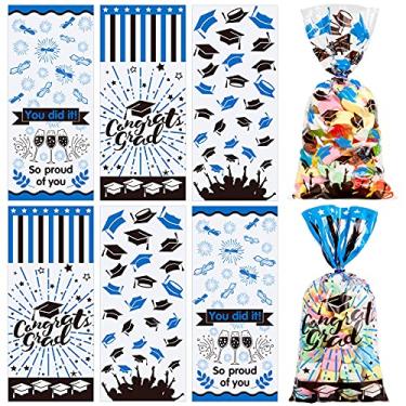 Imagem de Whaline Bolsa para violoncelos de graduação 150 peças, 3 sacos de celofane doces com laço azul torcido, parabéns presentes bolsas para presentes de graduação bolsas para presentes de festa de formatura (azul preto)