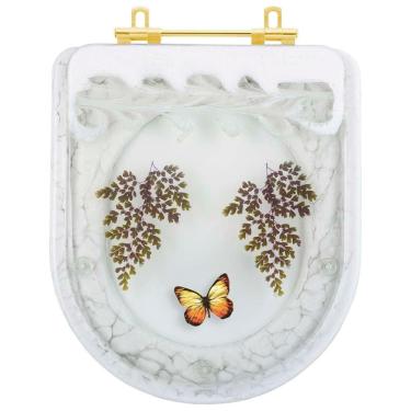 Imagem de Assento Sanitario Poliester Decorado Borboleta Amarela Carrara Para Vaso Deca Com Ferragem Dourada