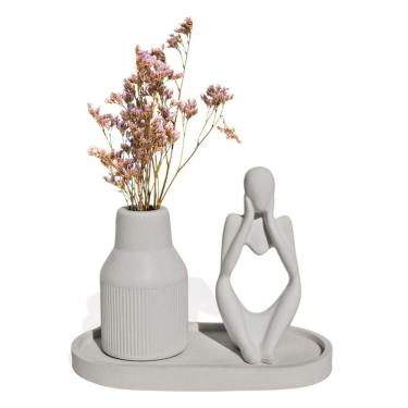 Imagem de Kit 3 Peças Decoração Estátua Pensadora Garrafa Tubo Listrada E Bandeja Cinza