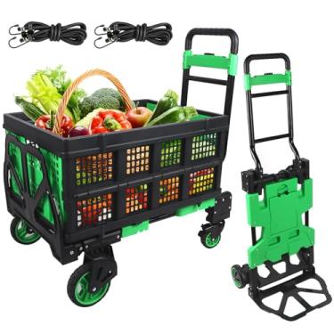 Imagem de Lanstics Carrinho de mão dobrável, carrinho de compras dobrável multifuncional com cesta, carrinho de armazenamento verde, carrinho dobrável para mercearia, armazém, uso portátil para acampamento de