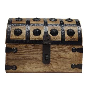 Imagem de LEATHERVINES Caixa de madeira decorativa e lembrança de baú do tesouro - Caixa de armazenamento, caixa de madeira com tampa articulada, armazenamento rústico, caixa de armazenamento pirata, baú de