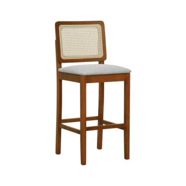 Imagem de Banqueta Alta Bistrô Lyon Madeira Maciça Telinha Natural - Amêndoa - Assento Estof. Linho Bege Mescla Impermeável