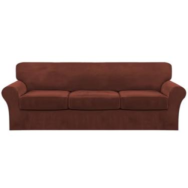 Imagem de FantasDecor 4 capas de sofá de veludo para sofá para 3 capas elásticas com almofada de assento individual para animais de estimação, lavável na máquina (sofá grande, tijolo queimado)