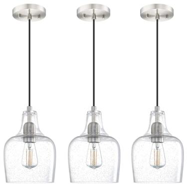 Imagem de Dolaimy House Pacote com 3 1 luminária suspensa interna ilha de cozinha luminária de teto, vidro semeado transparente 15,5 cm acabamento em níquel escovado moderno fazenda jantar sobre a pia