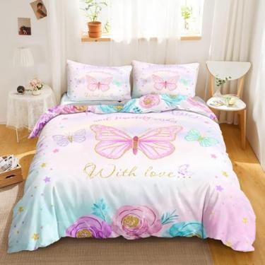 Imagem de Conjuntos De Cama De Solteiro Borboleta Capa De Edredão Com Estampa De Flores Para Decoração De Quarto De Cama De Solteiro E 2 Fronhas, Microfibra Macia E, Butterfly, Super King 260x220cm