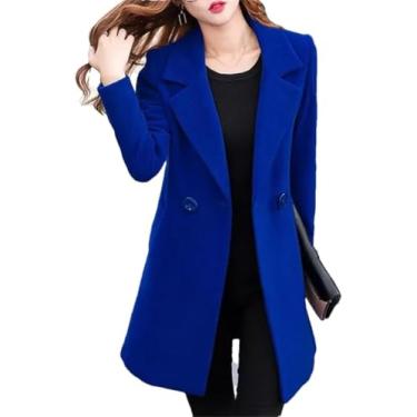 Imagem de Casaco De Lã Feminino Inverno Elegante Gola Entalhada Trespassado Mistura De Lã Sobre Casaco De Ervilha De Cor Sólida, Blue, XL