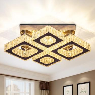 Imagem de xychfantligh Lustre de cristal de 55,88 cm quadrado com montagem embutida luz de teto moderna LED 4 luzes lustre de cristal para sala de jantar quarto cozinha (quente)