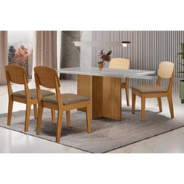 Imagem de Conjunto Sala de Jantar Berlim c/ Tampo Madeirado c/ Vidro Canto Curvo 120x80cm e 4 Cadeiras Havana Premium Naturale/Off White - Suede Capuccino-Rufat